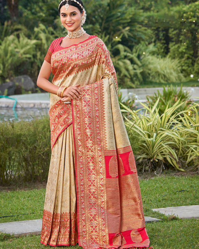 Beige Kanjivaram Silk Zari Woven Saree