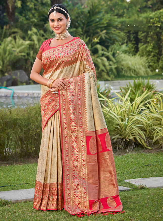 Beige Kanjivaram Silk Zari Woven Saree