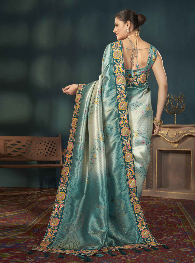 Teal Blue Kanjivaram Silk Embroidered Saree