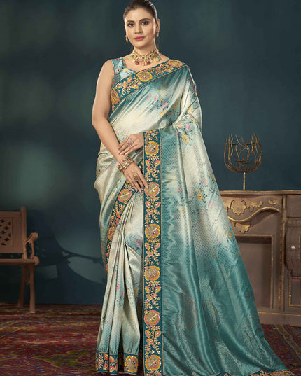 Teal Blue Kanjivaram Silk Embroidered Saree