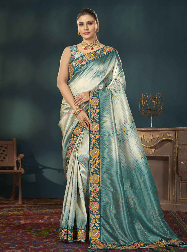 Teal Blue Kanjivaram Silk Embroidered Saree