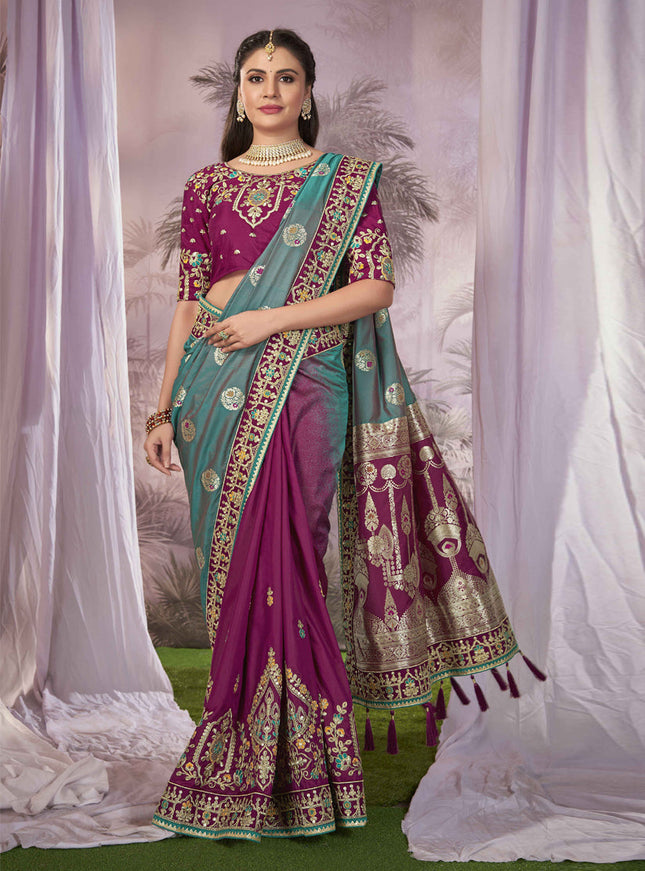 Purple Banarasi Silk Embroidered Saree