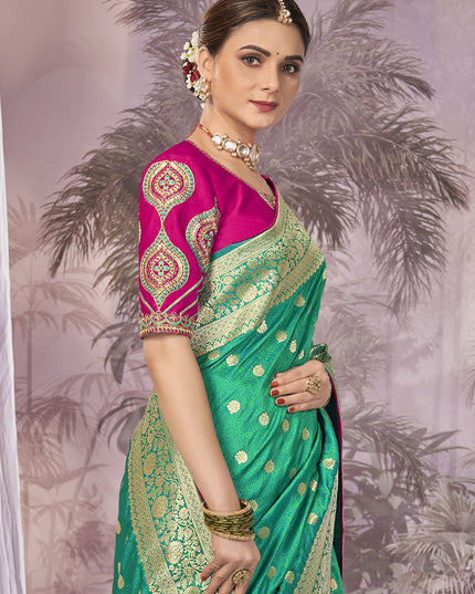 Sea Green Banarasi Silk Embroidered Saree