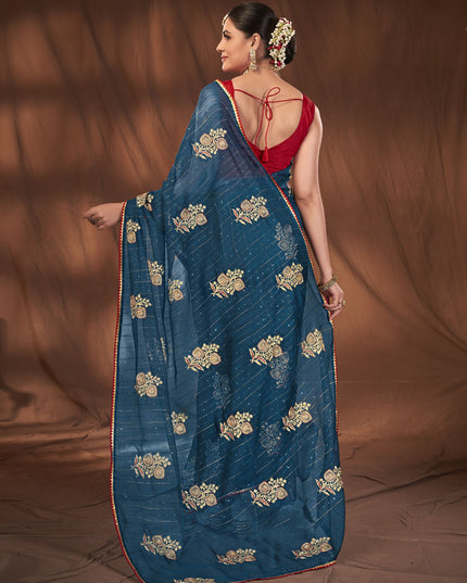 Blue Organza Embroidered Saree