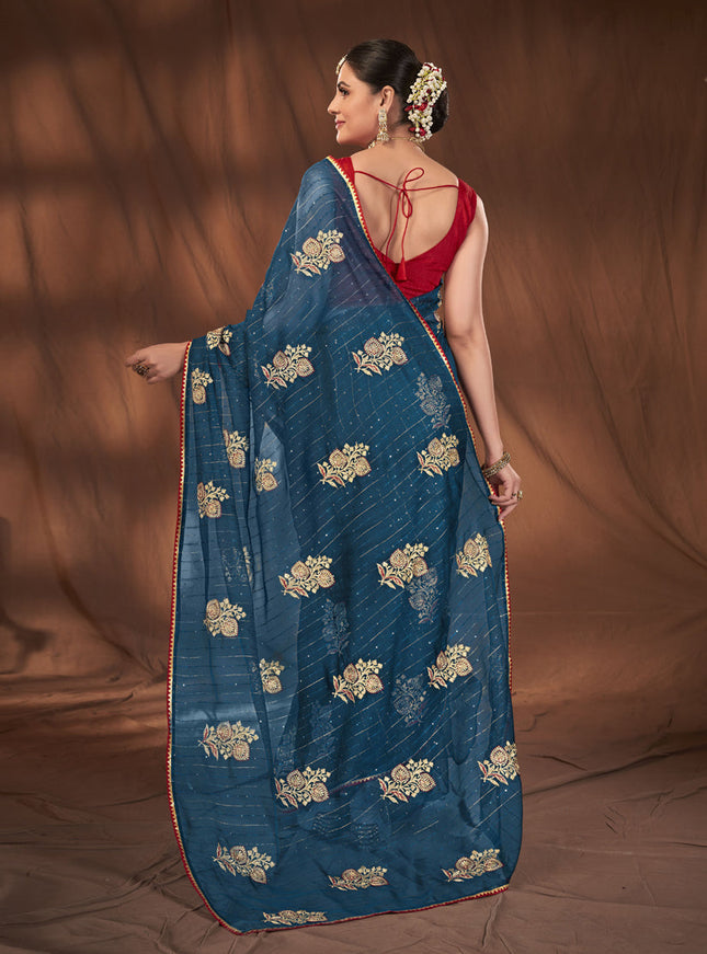 Blue Organza Embroidered Saree