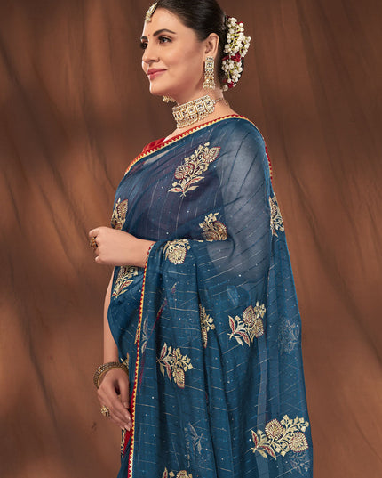 Blue Organza Embroidered Saree
