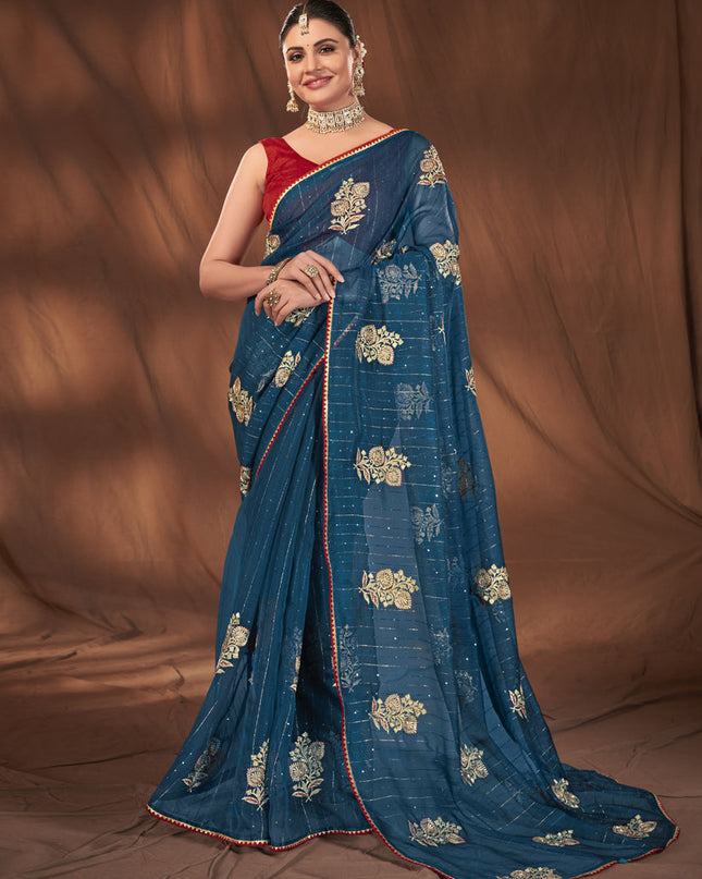 Blue Organza Embroidered Saree