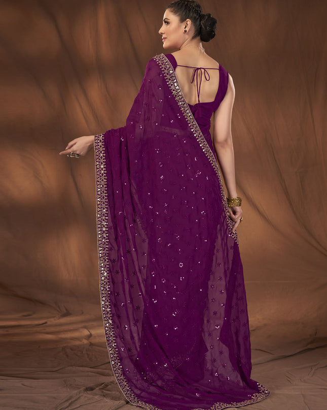 Purple Georgette Sequins Work Saree