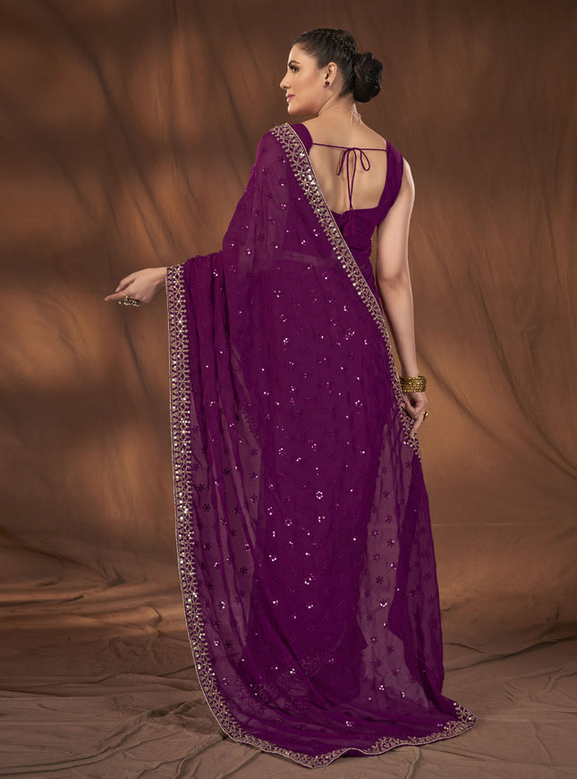 Purple Georgette Sequins Work Saree