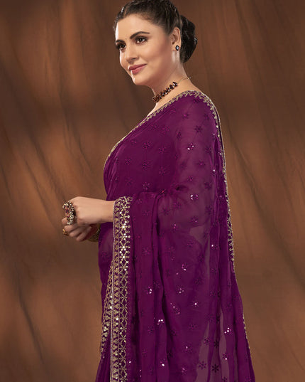 Purple Georgette Sequins Work Saree