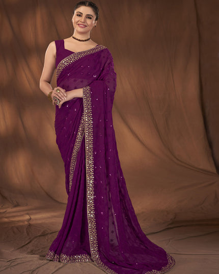 Purple Georgette Sequins Work Saree