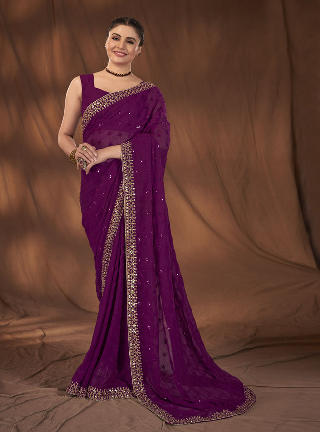 Purple Georgette Sequins Work Saree