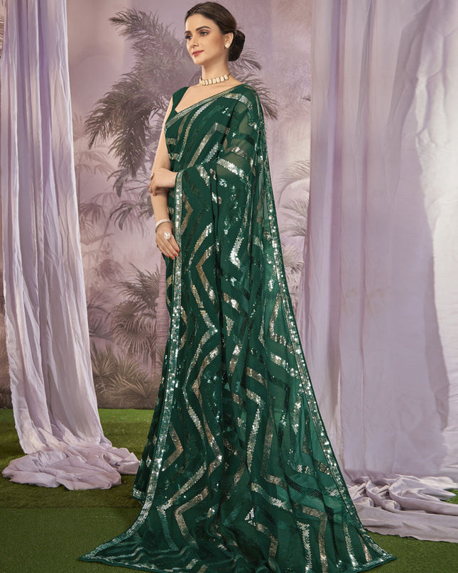 Green Georgette Sequins Work Saree