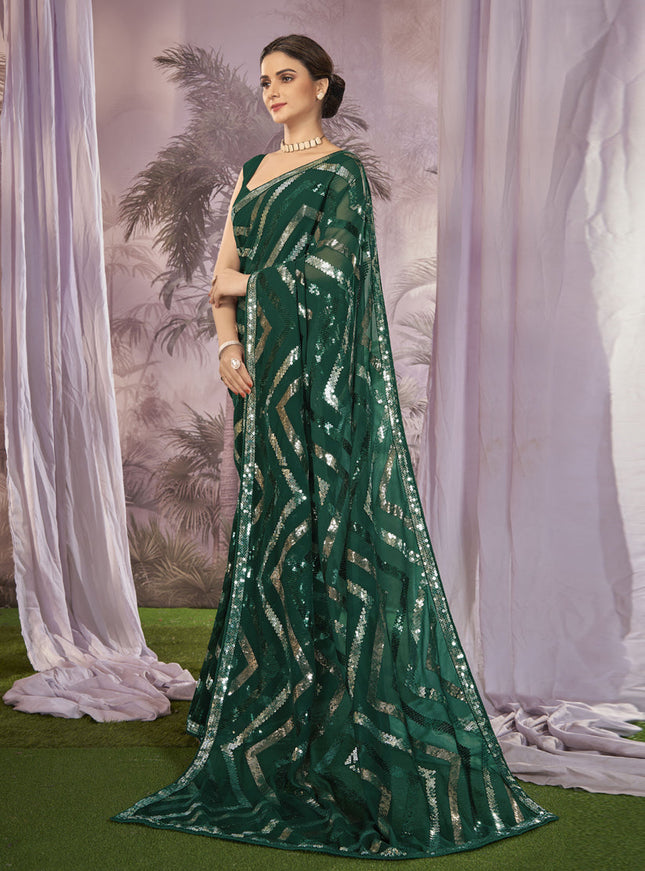 Green Georgette Sequins Work Saree