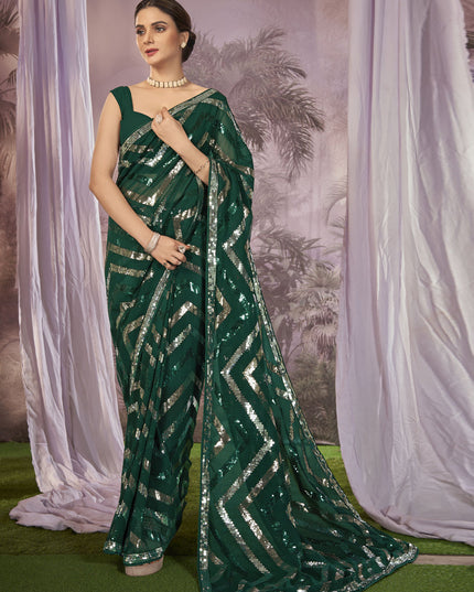 Green Georgette Sequins Work Saree
