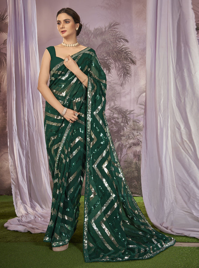 Green Georgette Sequins Work Saree