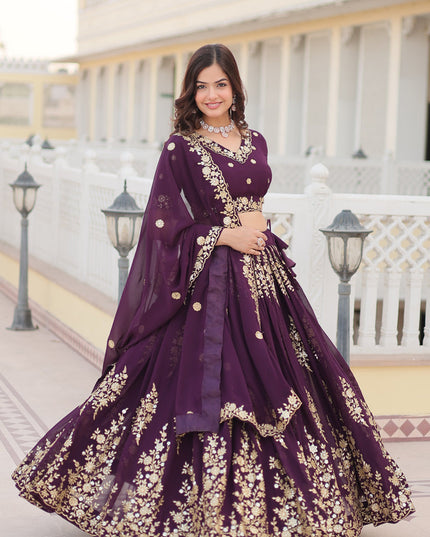 Burgundy Faux Georgette Embroidered Lehenga Choli