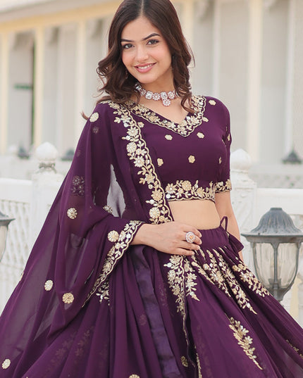 Burgundy Faux Georgette Embroidered Lehenga Choli