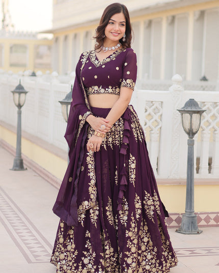 Burgundy Faux Georgette Embroidered Lehenga Choli