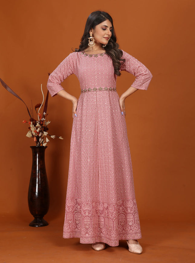 Carnation Pink Faux Georgette Embroidered Gown with Dupatta