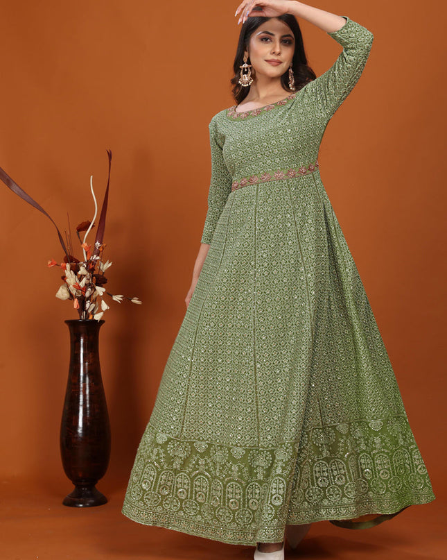 Sage Green Faux Georgette Embroidered Gown with Dupatta