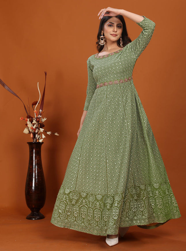 Sage Green Faux Georgette Embroidered Gown with Dupatta