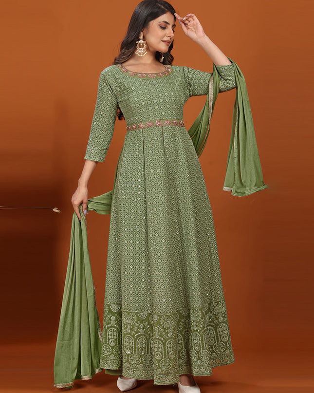 Sage Green Faux Georgette Embroidered Gown with Dupatta