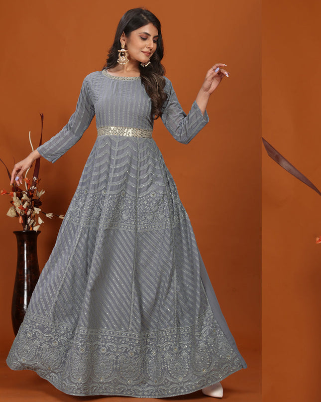 Graphite Grey Faux Georgette Embroidered Gown with Dupatta