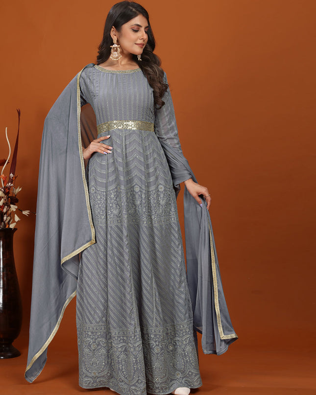 Graphite Grey Faux Georgette Embroidered Gown with Dupatta