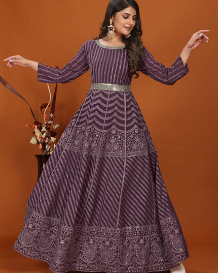 Burgundy Faux Georgette Embroidered Gown with Dupatta