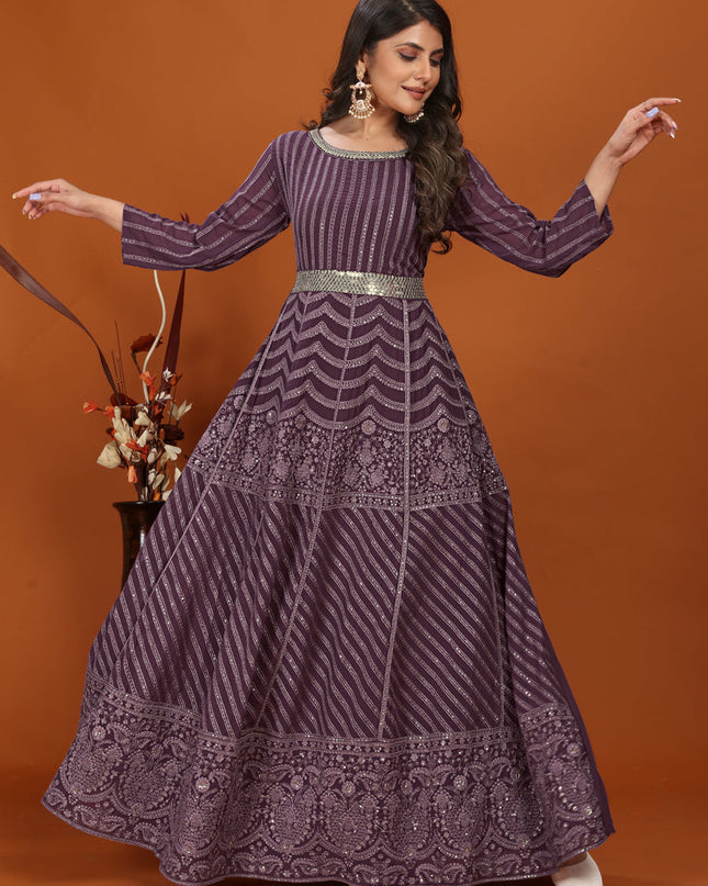 Burgundy Faux Georgette Embroidered Gown with Dupatta