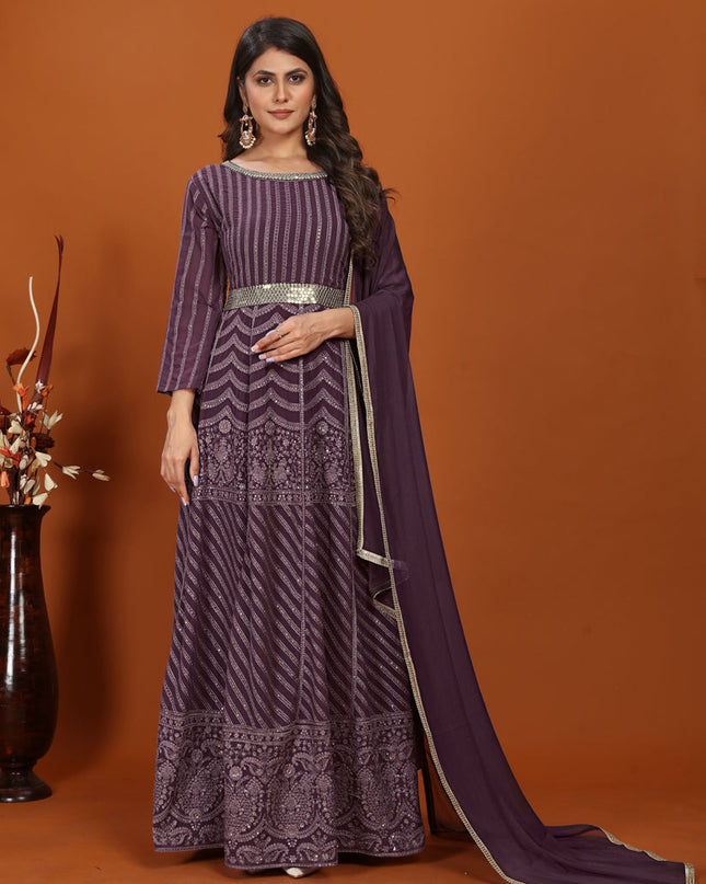 Burgundy Faux Georgette Embroidered Gown with Dupatta