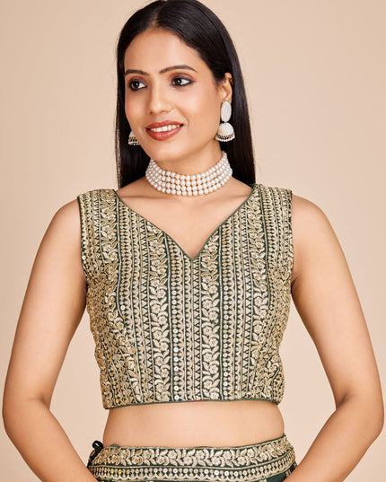 Green Faux Georgette Embroidered Lehenga Choli