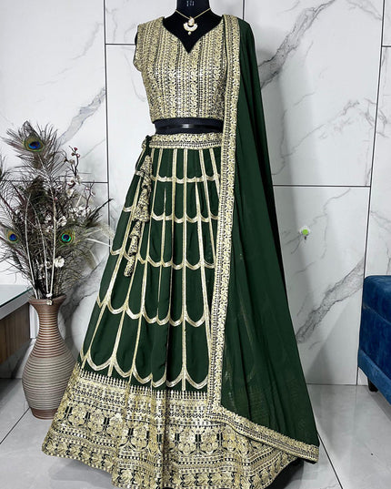 Green Faux Georgette Embroidered Lehenga Choli