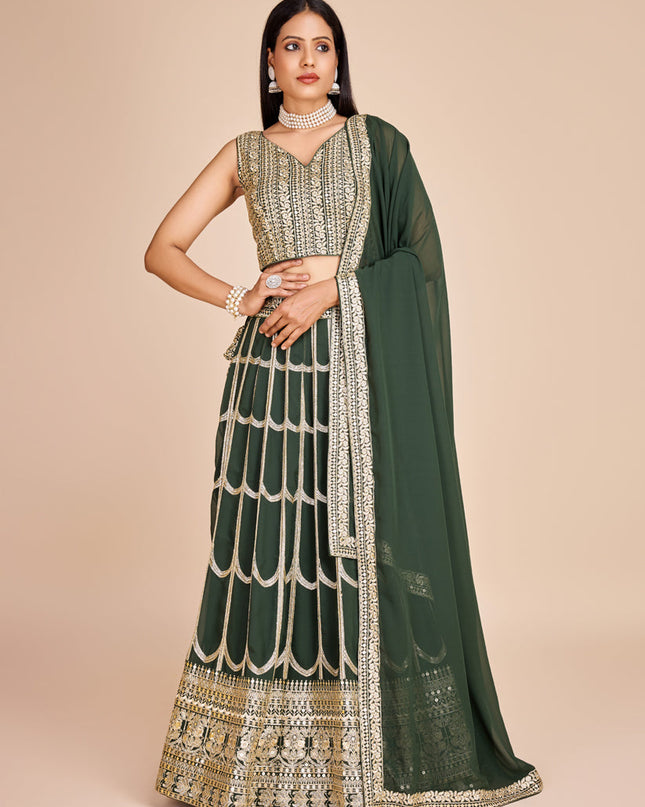 Green Faux Georgette Embroidered Lehenga Choli