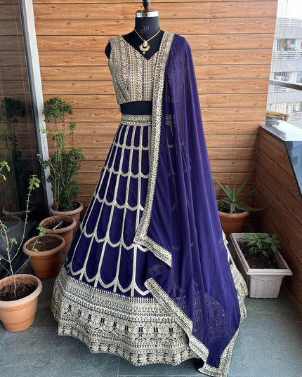 Navy Blue Faux Georgette Embroidered Lehenga Choli