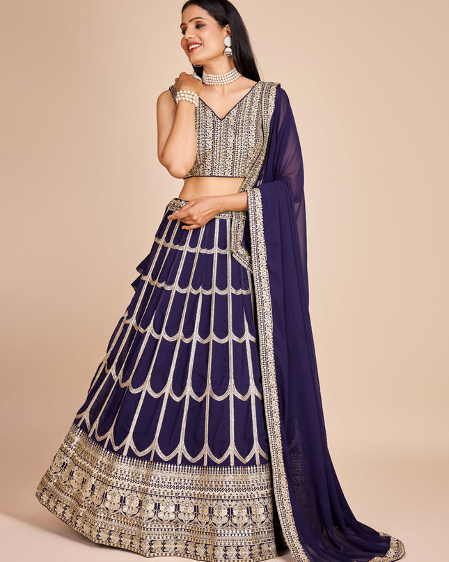 Navy Blue Faux Georgette Embroidered Lehenga Choli