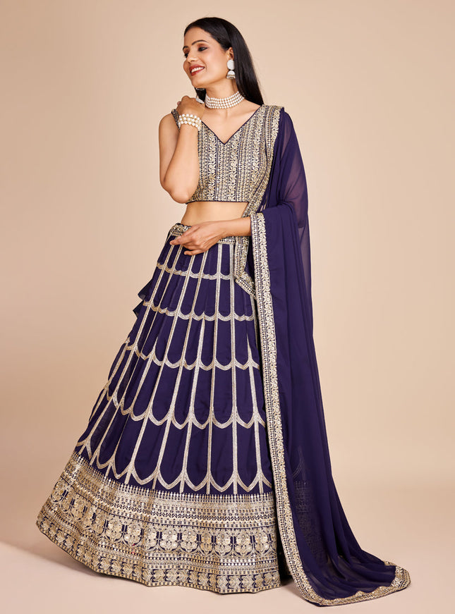 Navy Blue Faux Georgette Embroidered Lehenga Choli