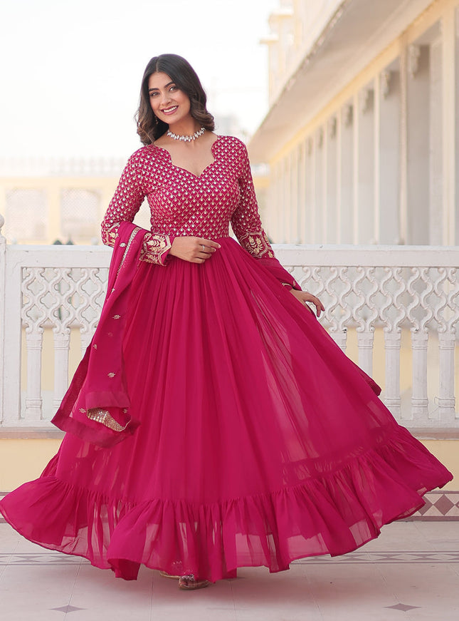 Rani Pink Faux Georgette Embroidered Gown with Dupatta