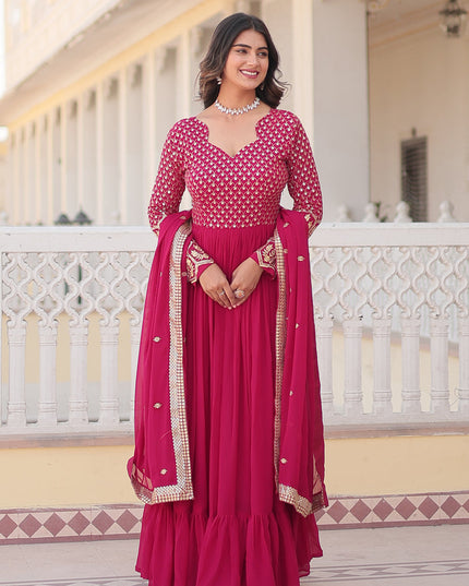 Rani Pink Faux Georgette Embroidered Gown with Dupatta