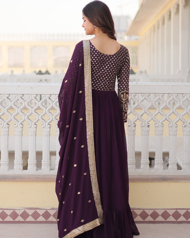 Burgundy Faux Georgette Embroidered Gown with Dupatta