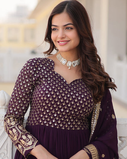 Burgundy Faux Georgette Embroidered Gown with Dupatta