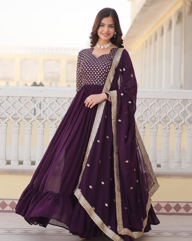Burgundy Faux Georgette Embroidered Gown with Dupatta