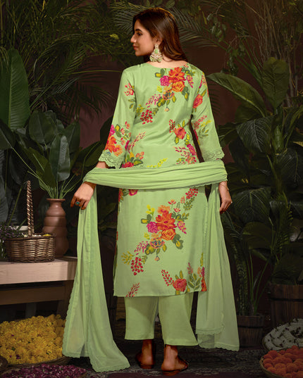 Pistachio Green Muslin Printed Readymade Pant Kameez