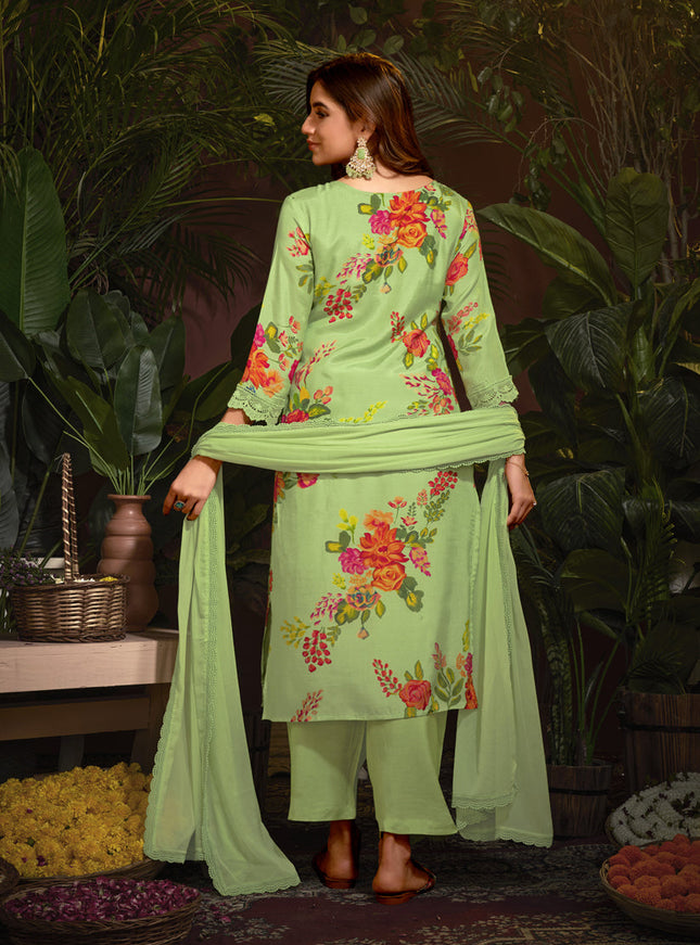Pistachio Green Muslin Printed Readymade Pant Kameez