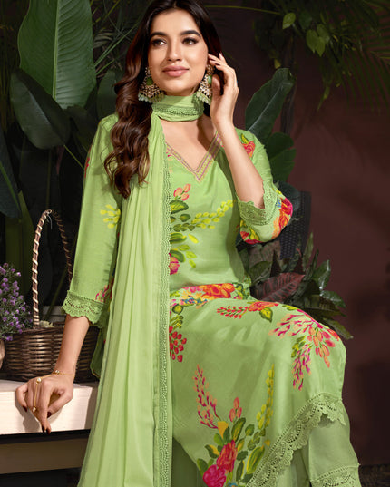 Pistachio Green Muslin Printed Readymade Pant Kameez