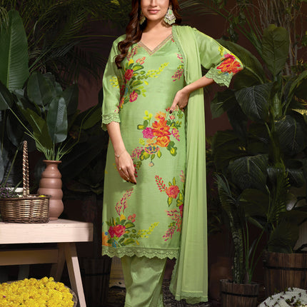 Pistachio Green Muslin Printed Readymade Pant Kameez