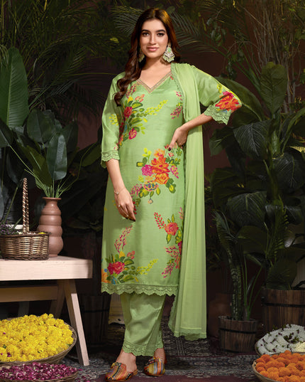 Pistachio Green Muslin Printed Readymade Pant Kameez
