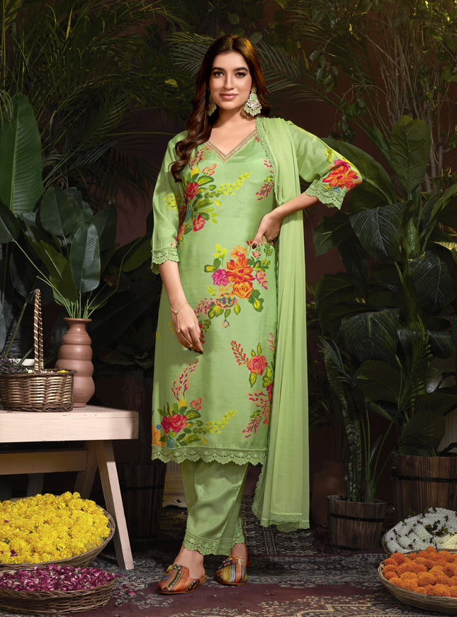 Pistachio Green Muslin Printed Readymade Pant Kameez