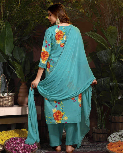 Sea Blue Muslin Printed Readymade Pant Kameez